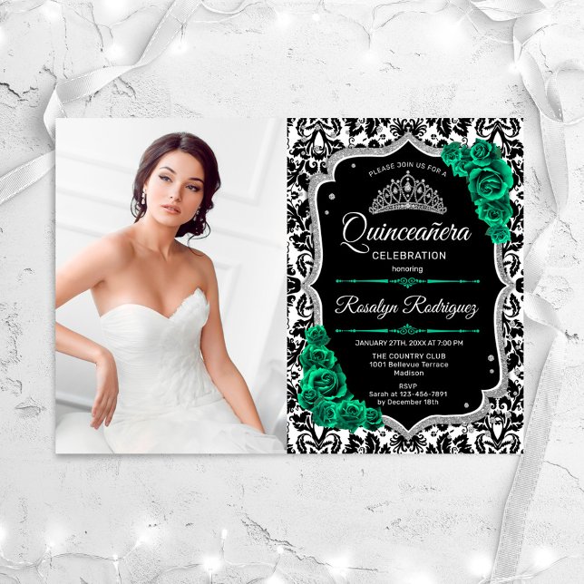 Emerald Grönt Silver Black Photo Quinceanera Inbjudningar (Skapare uppladdad)