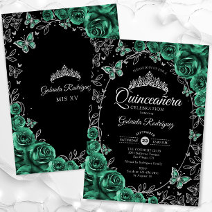 Emerald Grönt Silver Black Quinceanera Inbjudningar