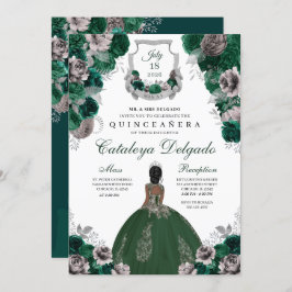 Emerald Grönt & Silver Blommigt Elegant Quinceañer Inbjudningar