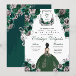Emerald Grönt & Silver Blommigt Elegant Quinceañer Inbjudningar