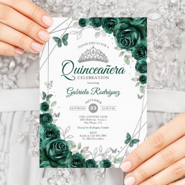 Emerald Grönt Silver Blommigt Quinceanera Inbjudningar (Skapare uppladdad)