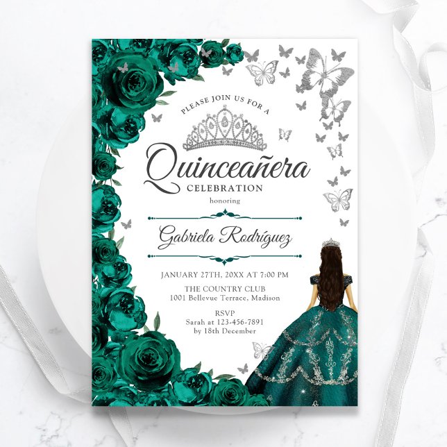 Emerald Grönt Silver Blommigt Quinceanera Inbjudningar (Skapare uppladdad)