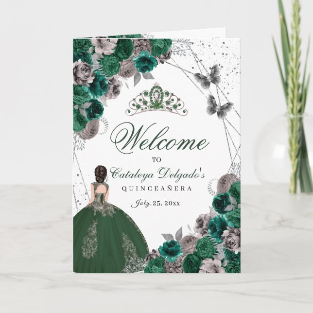 Emerald Grönt Silver Butterfly Quinceanera Program (Framsida)