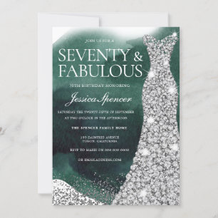 Emerald Grönt & Silver Dress 70:e Födelsedagsfeste Inbjudningar