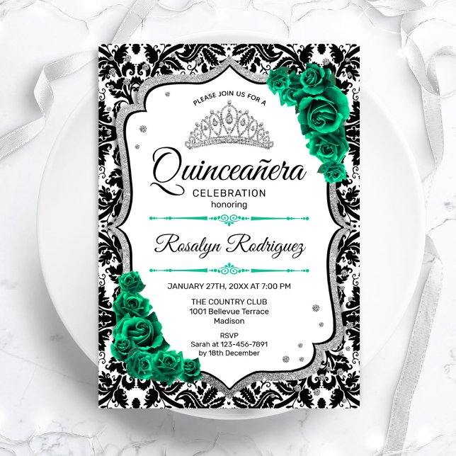 Emerald Grönt Silver Elegant Damask Quinceanera Inbjudningar (Skapare uppladdad)