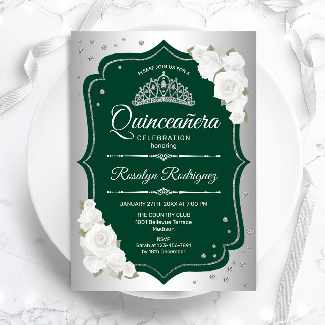 Emerald Grönt Silver Elegant Quinceanera Inbjudningar (Skapare uppladdad)