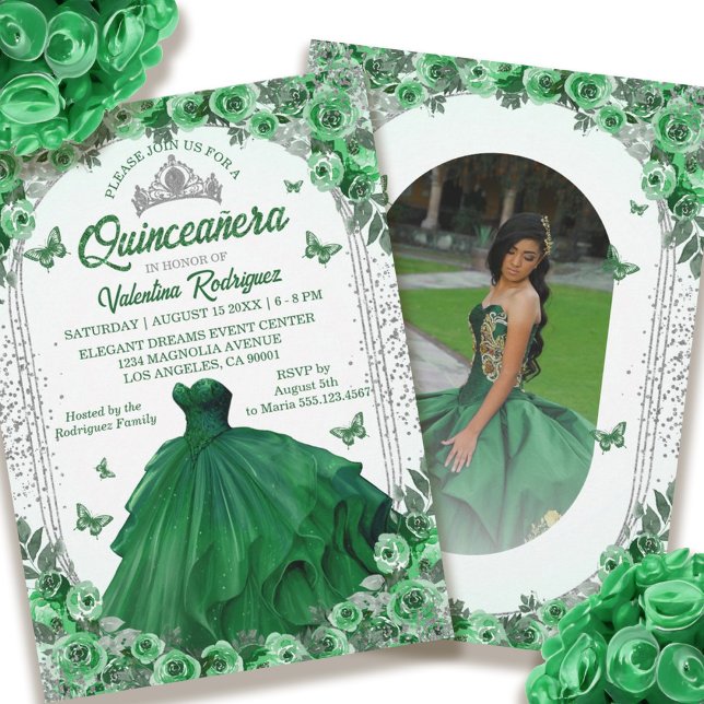 Emerald Grönt Silver Glitter Blommigt Quinceanera Inbjudningar (Emerald Green Silver Glitter Floral Quinceanera Invitation)