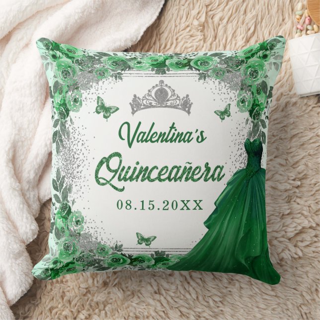 Emerald Grönt Silver Glitter Blommigt Quinceanera Kudde (Filt)