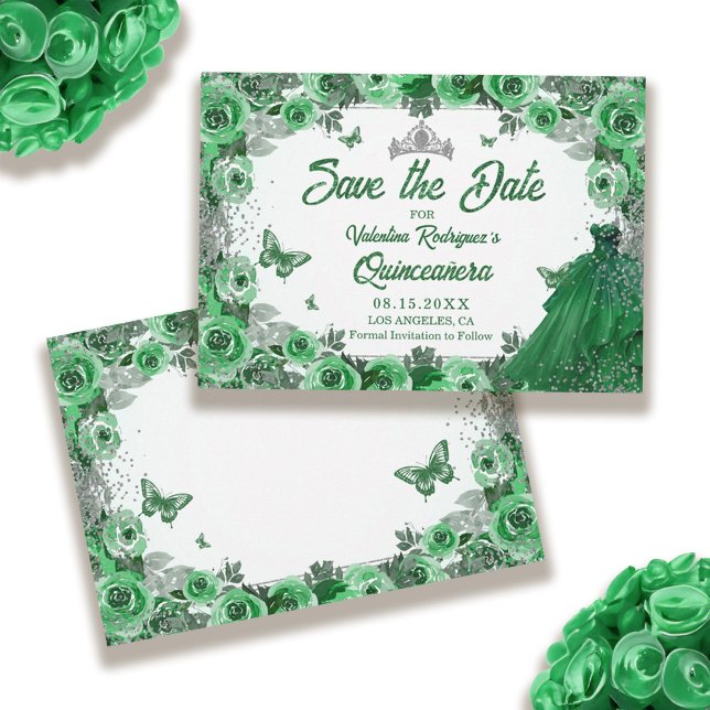 Emerald Grönt Silver Glitter Blommigt Quinceanera Spara Datumet (Emerald Green Silver Glitter Floral Quinceanera Save The Date)