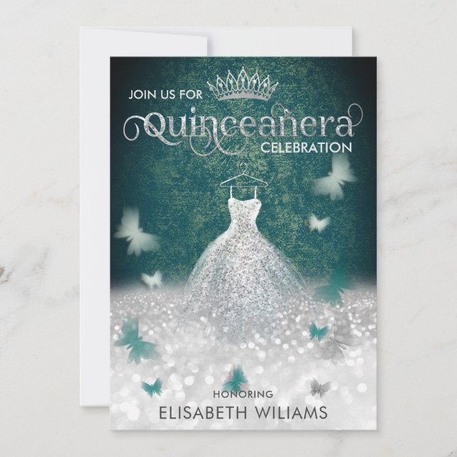 Emerald Grönt silver glitter dress butterfly Inbjudningar (Framsida)