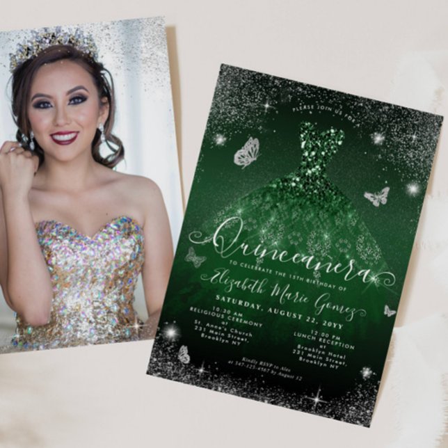 Emerald Grönt Silver Glitter Photo Quinceanera Inbjudningar (Skapare uppladdad)