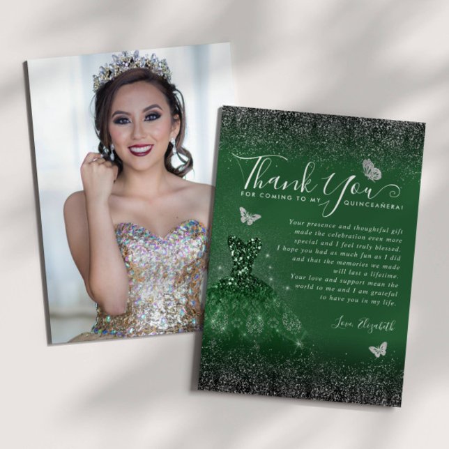 Emerald Grönt Silver Glitter Quinceanera Photo Tack Kort (Skapare uppladdad)