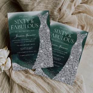 Emerald Grönt & Silver Gown 60:e Födelsedagsfesten Inbjudningar