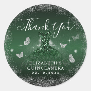 Emerald Grönt Silver Gown Quinceañera Tack Runt Klistermärke