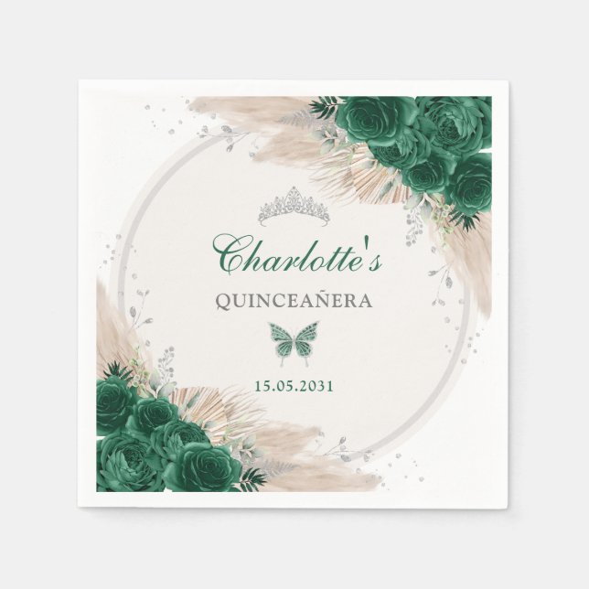 Emerald Grönt Silver Quinceanera Miss Quince 15 Pappersservett (Framsidan)