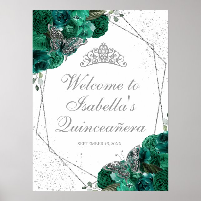 Emerald Grönt & Silver Tiara Quinceanera Poster (Framsidan)