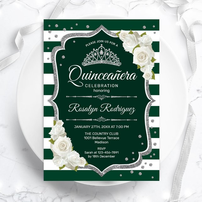 Emerald Grönt Silver White Elegant Quinceanera Inbjudningar (Skapare uppladdad)