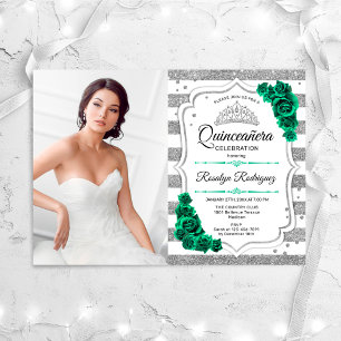 Emerald Grönt Silver White Photo Quinceanera Inbjudningar