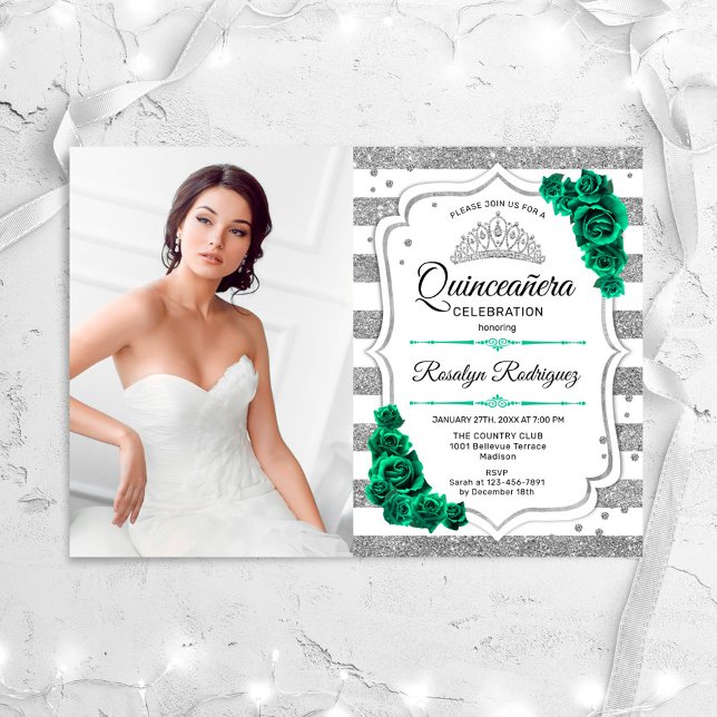 Emerald Grönt Silver White Photo Quinceanera Inbjudningar (Skapare uppladdad)