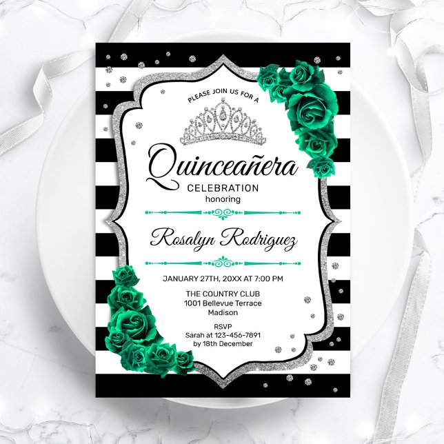 Emerald Grönt Silver White Quinceanera Inbjudningar (Skapare uppladdad)