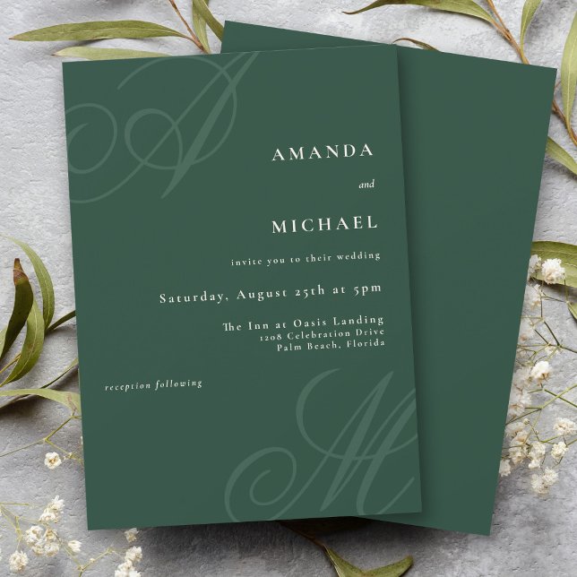 Emerald Grönt Simple Elegant Monogram Bröllop Inbjudningar (Simple minimalist styling with elegant calligraphy monogram initials of the bride and groom.)