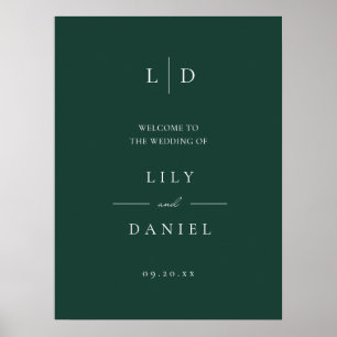 Emerald Grönt Simple Monogram Bröllop Välkomstteck Poster