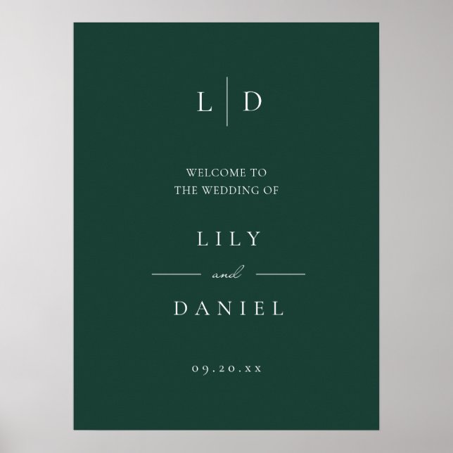Emerald Grönt Simple Monogram Bröllop Välkomstteck Poster (Framsidan)
