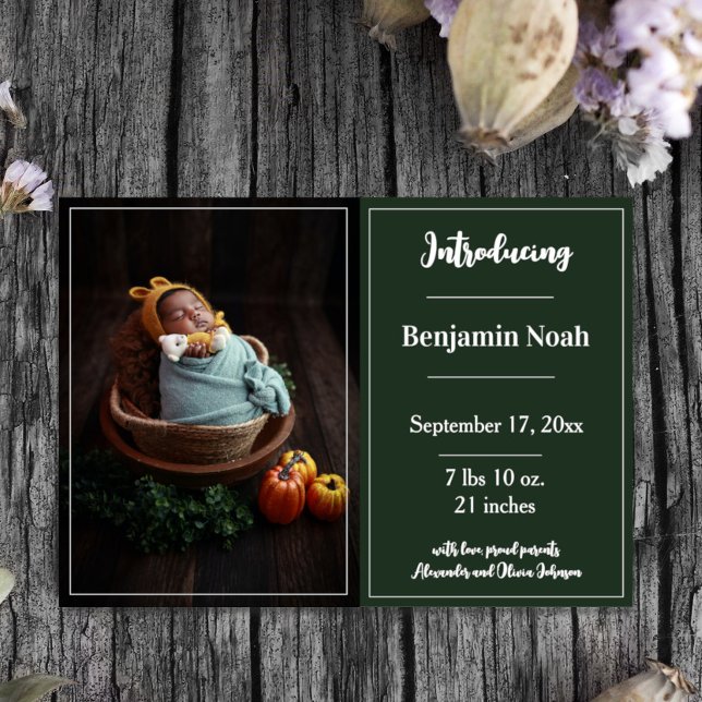Emerald Grönt Simple Photo Birth Notice Meddelande (Emerald Green Simple Photo Birth Announcement)