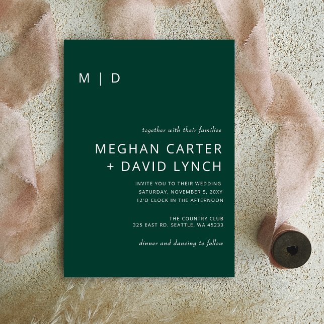 Emerald Grönt Snyggt Modern Monogram Bröllop Inbjudningar (Skapare uppladdad)
