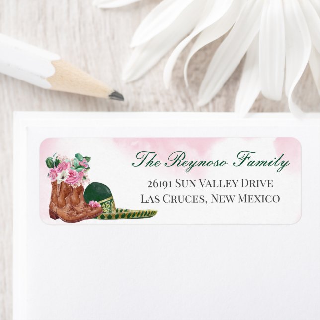 Emerald Grönt Sombrero Rosa Blommigt Cowgirl Retur Returadress Etikett (Insitu)