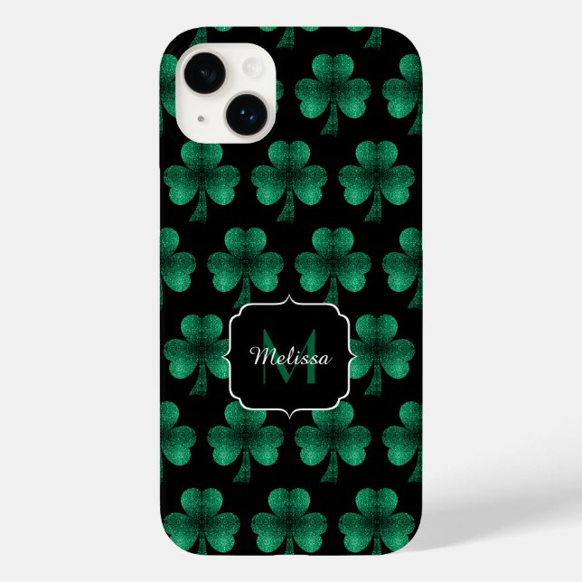 Emerald Grönt Sparkles Shamrock Black Monogram (Baksida)
