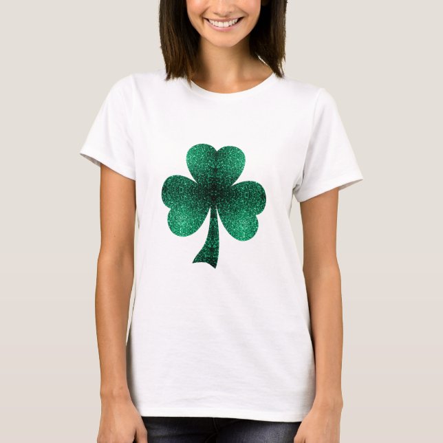 Emerald Grönt Sparkles Shamrock Klöver St Pat Day Tee Shirt (Framsida)