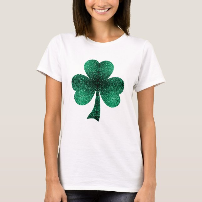 Emerald Grönt Sparkles Shamrock Klöver St Pat Day Tee Shirt (Framsida)