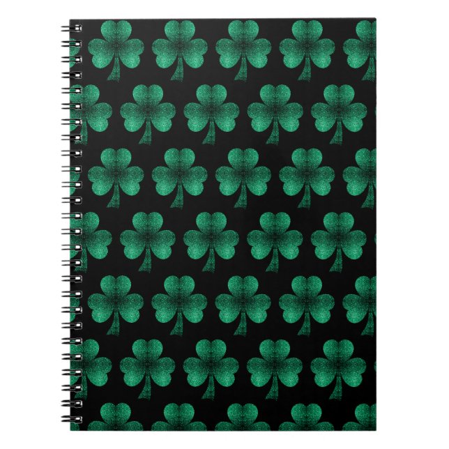 Emerald Grönt Sparkles Shamrock mönster svart Anteckningsbok (Framsidan)