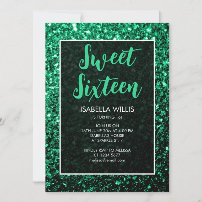 Emerald grönt sparkles Sweet 16 elegant script Inbjudningar (Framsida)