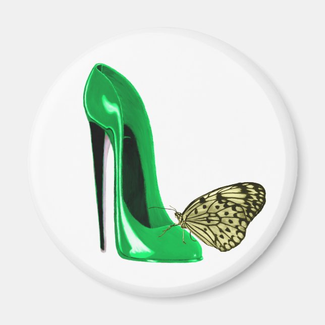 Emerald Grönt Stiletto Shoe och Butterfly Magnet (Framsidan)