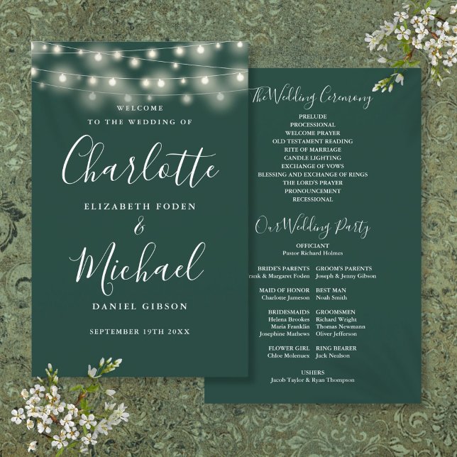 Emerald Grönt String Ljus Bröllopsprogram (Emerald Green String Lights Wedding Program)