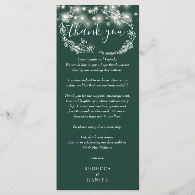 Emerald Grönt String Ljus Tack Place Card Meny (Framsida)