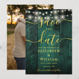 Emerald Grönt String Ljus Wood Photo Bröllop Spara Datumet