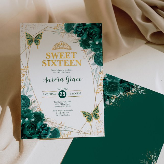 Emerald Grönt Sweet 16 Butterflies Geometric Party Inbjudningar (Skapare uppladdad)