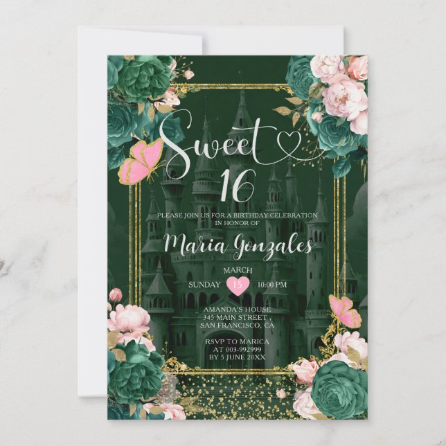 Emerald Grönt Sweet 16 Girl Blommigt Födelsedagsfe Inbjudningar (Framsida)