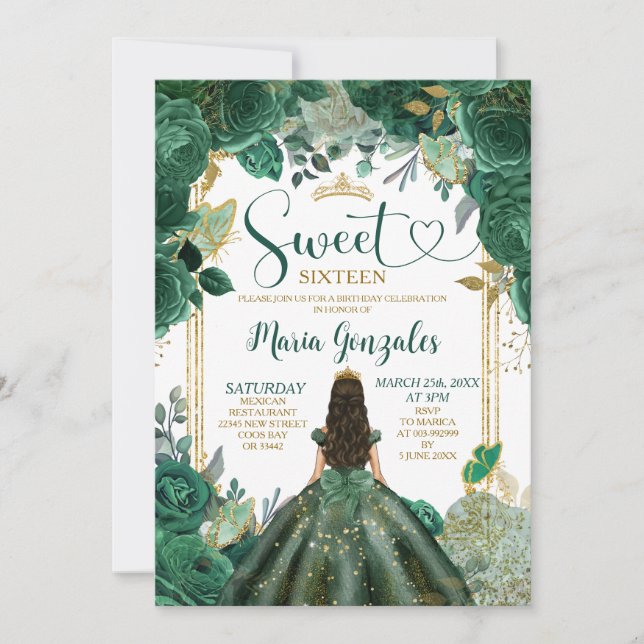 Emerald Grönt Sweet sixteen Guld Krona födelsedag Inbjudningar (Framsida)