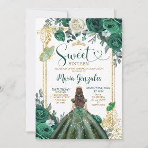 Emerald Grönt Sweet sixteen Guld Krona födelsedag Inbjudningar