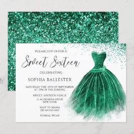 Emerald Grönt Teal Glitter Gown Sweet 16 Party Inbjudningar