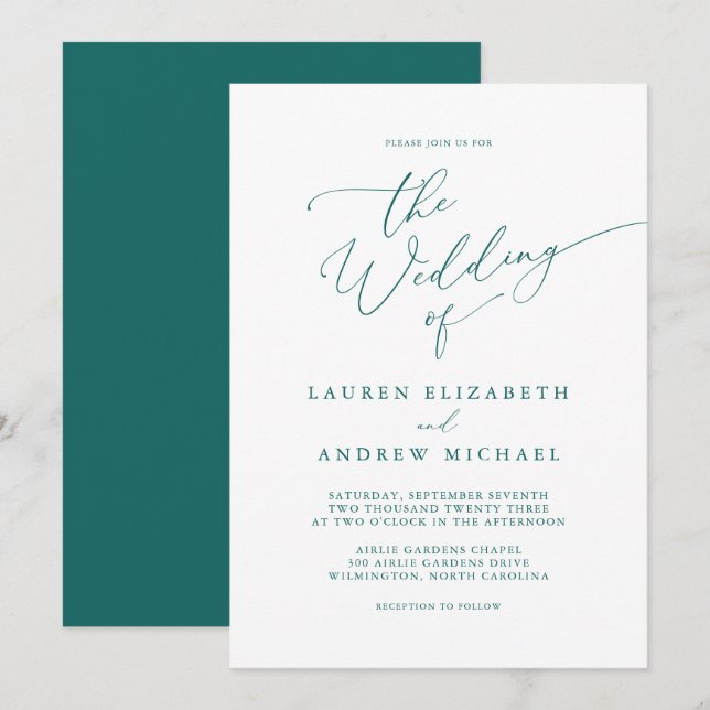 Emerald Grönt Teal Minimalist Wedding-inbjudan Inbjudningar (Fram/baksida)