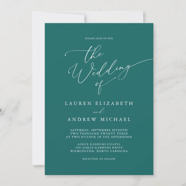 Emerald Grönt Teal Minimalist Wedding-inbjudan Inbjudningar (Framsida)