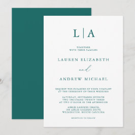 Emerald Grönt Teal Monogram minimalist Bröllop Inv Inbjudningar