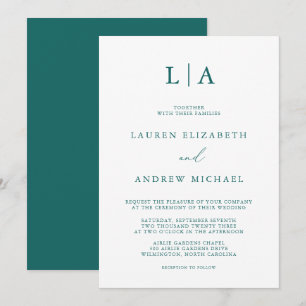 Emerald Grönt Teal Monogram minimalist Bröllop Inv Inbjudningar