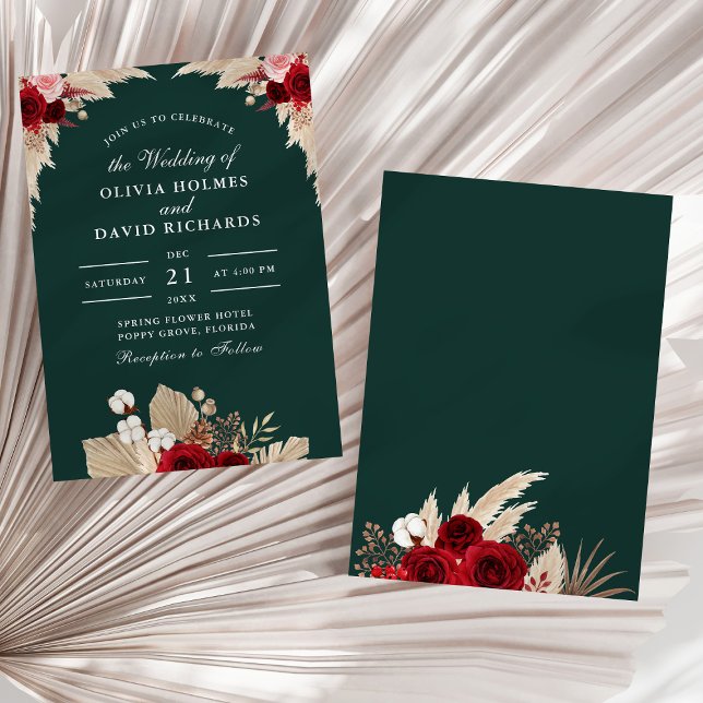 Emerald Grönt Tropical Ro bröllopsinbjudan Inbjudningar (Emerald Green Tropical Roses Wedding Invitation on a sunny white dry palm leaf.)