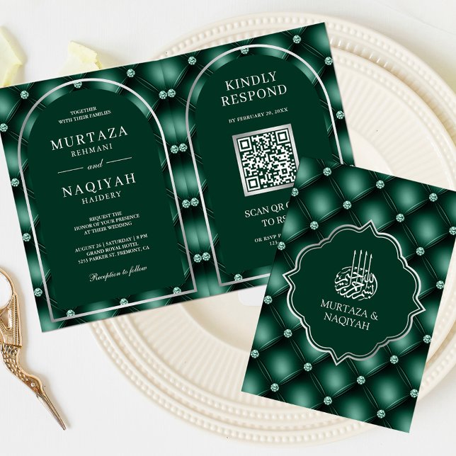 Emerald Grönt Tuftad QR-kod Muslim Bröllop Inbjudan (Skapare uppladdad)